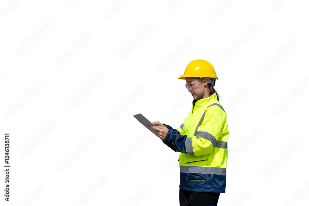 Engineers wearing safety gear, including hard hats examining survey standing industrial facility engaged in a job requires high safety standards concept with PNG white background.	