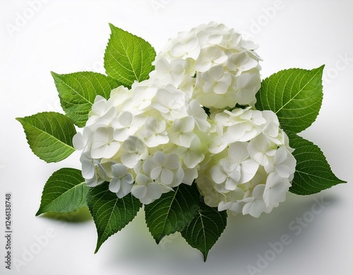 Generated image Beautiful and Elegant White Hydrangeas Surrounded by Green Leaves on a Clean White Background