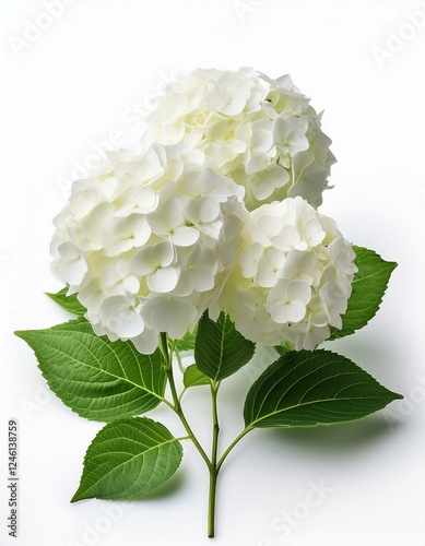 Generated image Beautiful and Elegant White Hydrangeas Surrounded by Green Leaves on a Clean White Background