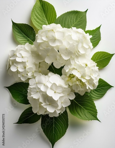 Generated image Beautiful and Elegant White Hydrangeas Surrounded by Green Leaves on a Clean White Background