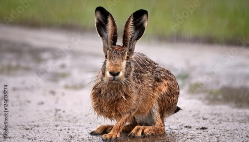 Bedraggled Brown Leveret in Rainy Scene Upright Posture, Detailed Fur Textures, Capturing a Mood of Solitude and Resilience photo