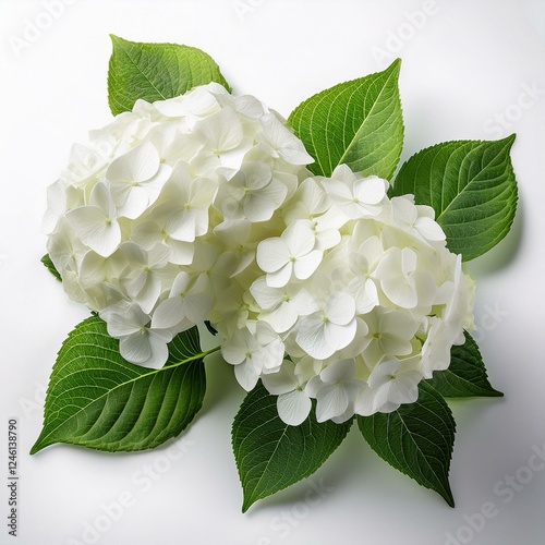 Generated image Beautiful and Elegant White Hydrangeas Surrounded by Green Leaves on a Clean White Background