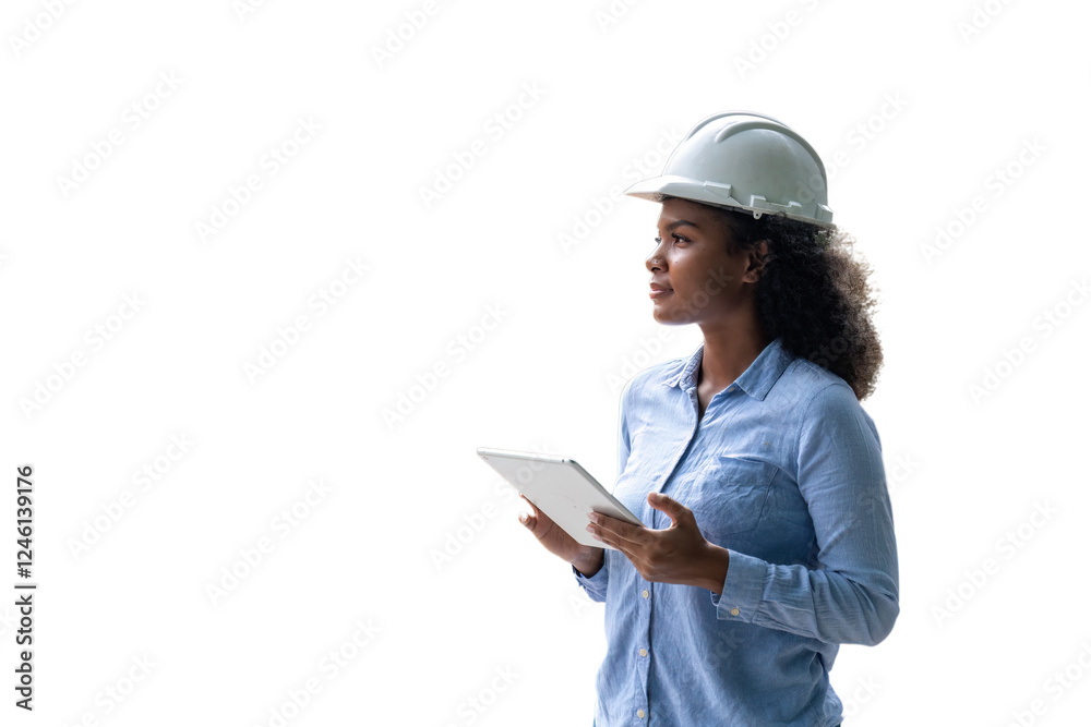 Engineers wearing safety gear, including hard hats examining survey standing industrial facility engaged in a job requires high safety standards concept with PNG white background. Engineers wearing safety gear, including hard hats examining survey standing industrial facility engaged in a job requires high safety standards concept with PNG white background.