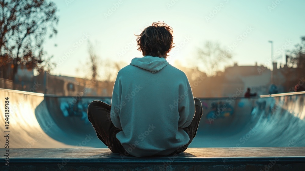 Fototapeta premium Skater enjoys tranquil sunset moment at the park's halfpipe