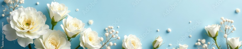 Fototapeta premium Delicate white carnations and roses in a snow-like soft sphere arrangement on light blue backdrop, botanical, roses, winter