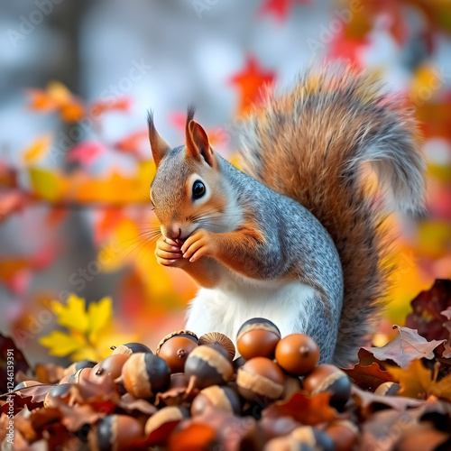 A squirrel collecting acorns with colorful fall foliage in the background