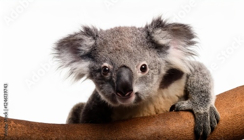 monthold Koala Snuggling in Gum Trees, Captivating Portrait of a Young Phascolarctos cinereus in an Australian Forest at Dusk, Showcasing Natural Warmth and Innocence. photo