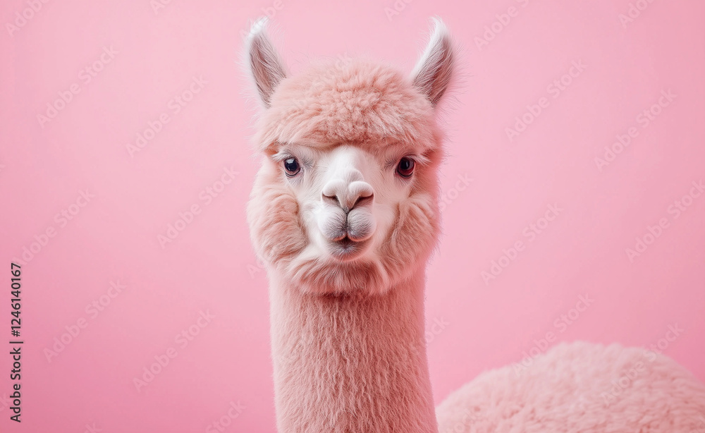 Obraz premium A fluffy alpaca with soft pink fur looks curiously at the camera against a pastel pink background, creating a whimsical and surreal effect.