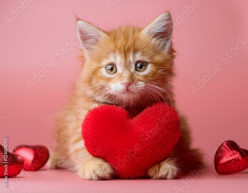 Generated image ute ginger kitten lovingly hugging a red heart-shaped toy against a soft pink background