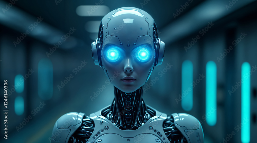 Female android robot with blue glowing eyes on futuristic background Female android robot with blue glowing eyes on futuristic background