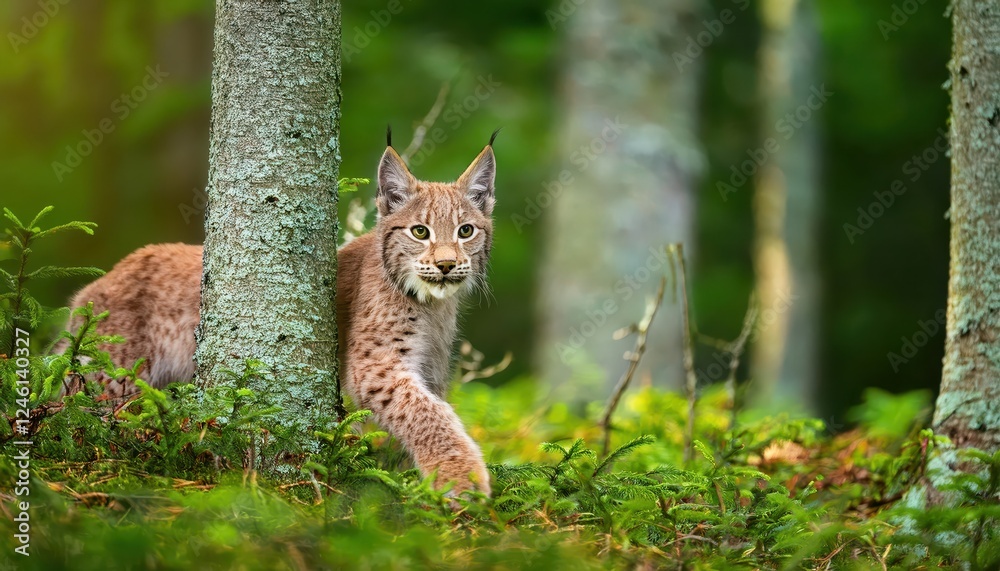 Fototapeta premium Young Lynx Frolics in a Vibrant Green Forest, Basking in the Soft Light of Dusk, Amidst the Rich Textures and Hues of Natures Palette.