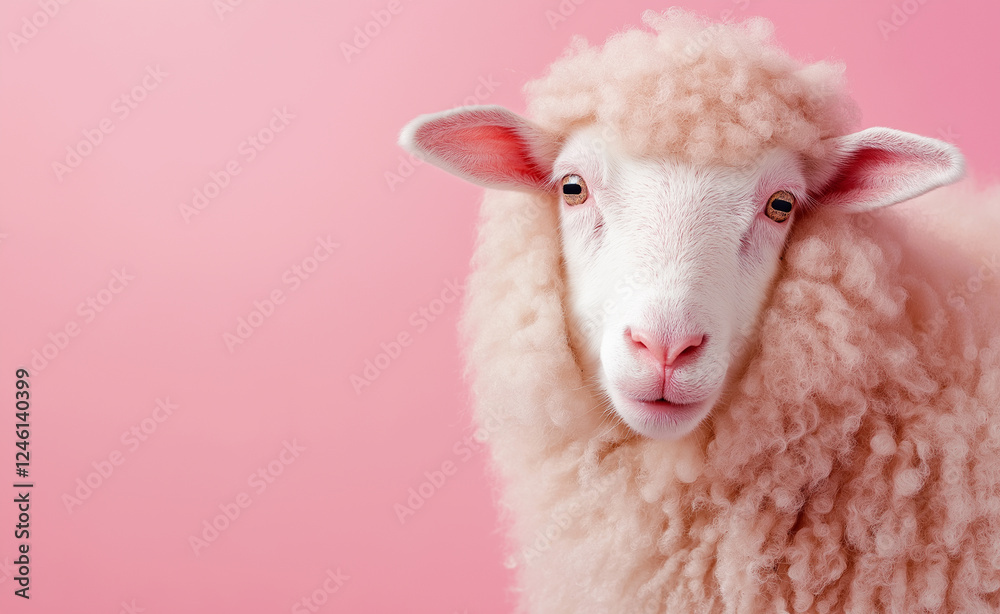 Fototapeta premium A fluffy white sheep with a pink nose gazes calmly against a pastel pink background, creating a soft and dreamy atmosphere.