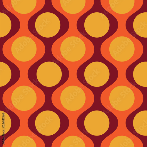 Mid century mustard yellow circles on vintage  orange ogee seamless pattern on red background.