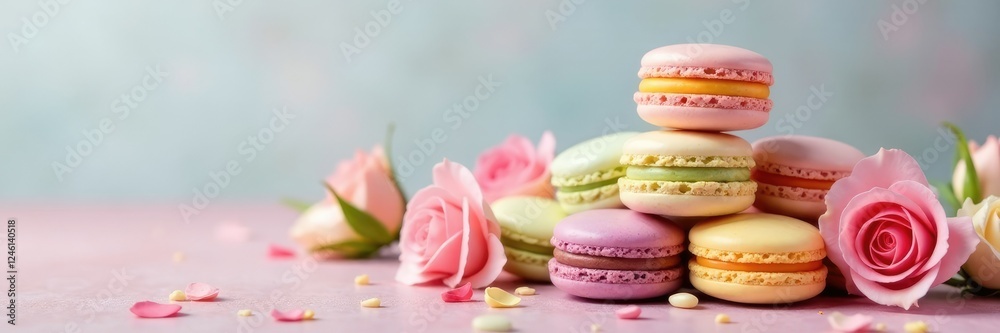 Pastel macarons stacked in an oval arrangement with fresh roses, pastel, arrangement Pastel macarons stacked in an oval arrangement with fresh roses, pastel, arrangement