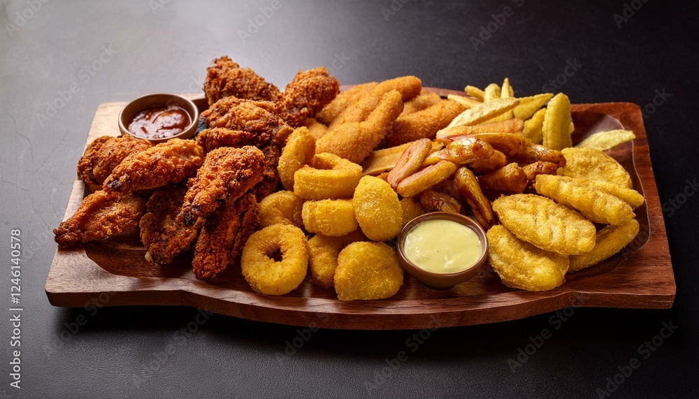 Fototapeta premium Generated image Delicious assorted fried snacks platter with plantains and crispy chicken variety for parties