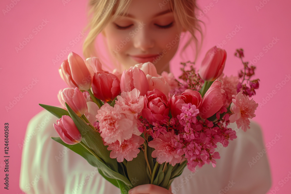 A young woman holding a vibrant bouquet of pink tulips and flowers, standing against a soft pink background A young woman holding a vibrant bouquet of pink tulips and flowers, standing against a soft pink background