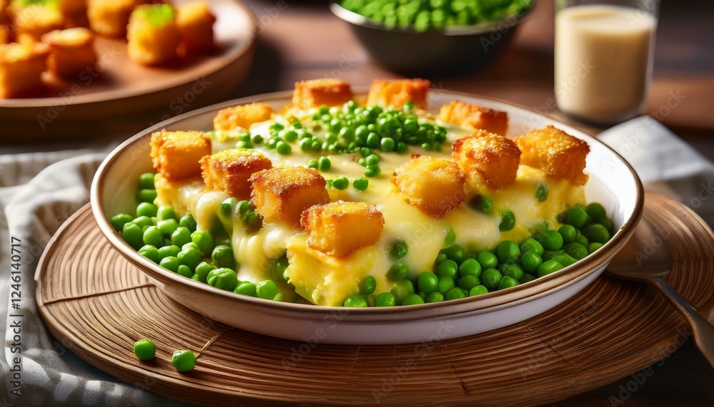 Generated image Delicious cheesy tater tot casserole with green peas, freshly baked, served in a warm Generated image Delicious cheesy tater tot casserole with green peas, freshly baked, served in a warm