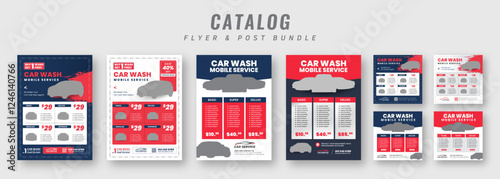Car wash service promotional catalog flyer and banner template bundle. Auto detailing marketing materials with pricing, package details, and customizable print and social media graphics.