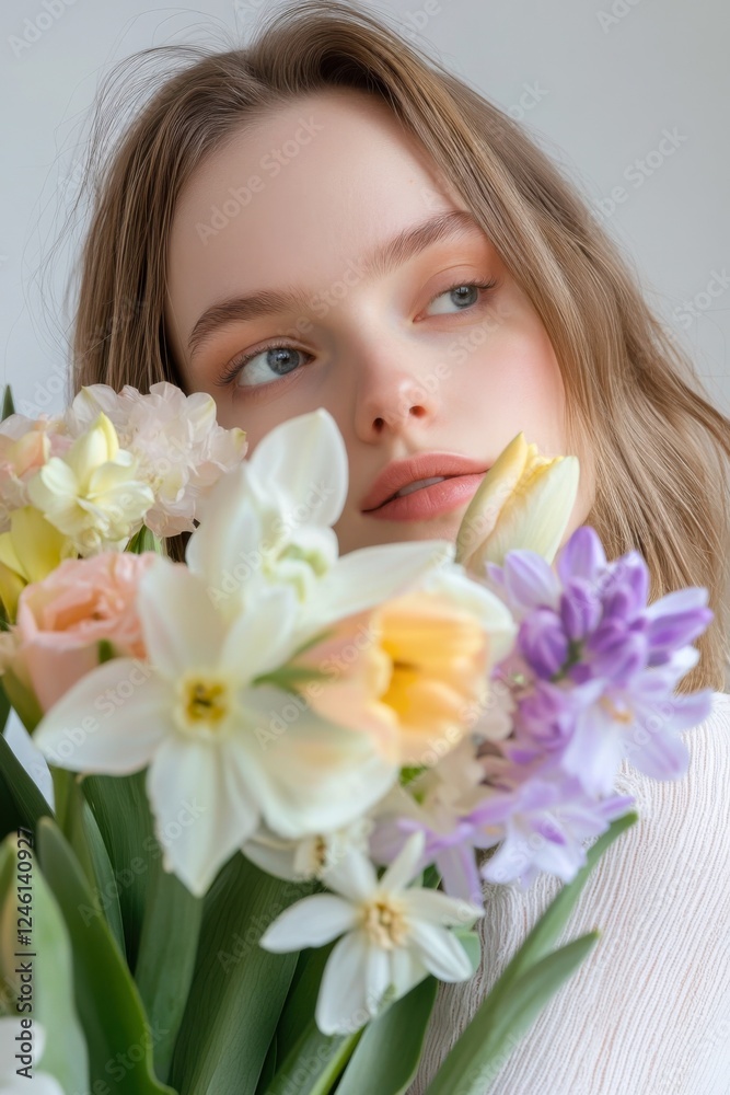 dreamy young woman with spring flowers, close-up female portrait featuring tulips, daffodils, and hyacinths dreamy young woman with spring flowers, close-up female portrait featuring tulips, daffodils, and hyacinths