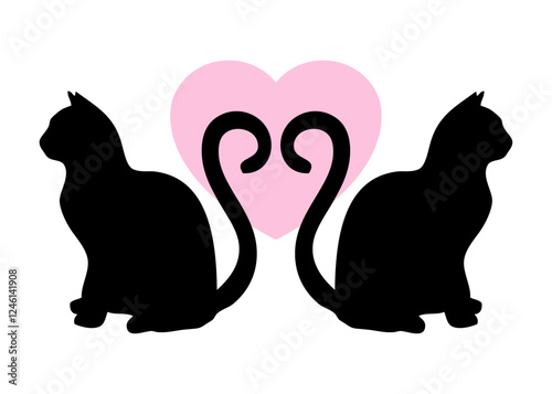 Logo con silueta de pareja de gatos negros sentados con rabos como corazón para su uso en felicitaciones y tarjetas del día de San Valentín
