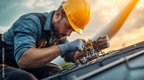 Elegant and refined composition of an engineer securing electrical components inside a wind turbine with warm golden light from a sunset casting a professional and ambiant atmosphere photo