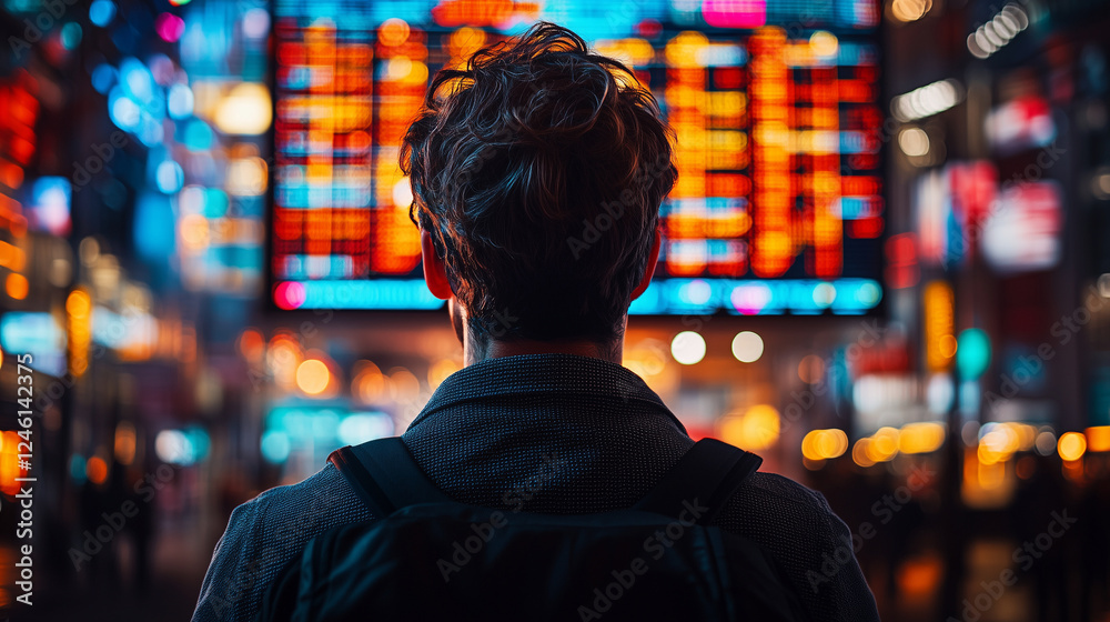 An employee making a financial presentation in front of an LED screen. Bright lighting, contrast An employee making a financial presentation in front of an LED screen. Bright lighting, contrast