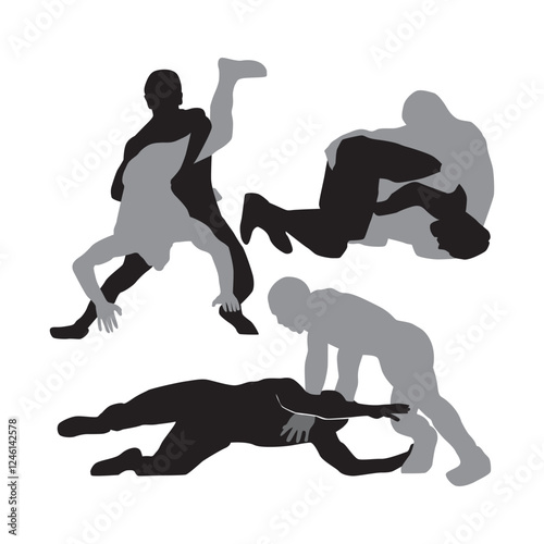 silhouette collection of two wrestlers, Vector flat black and gray shapes, wrestling duel icon