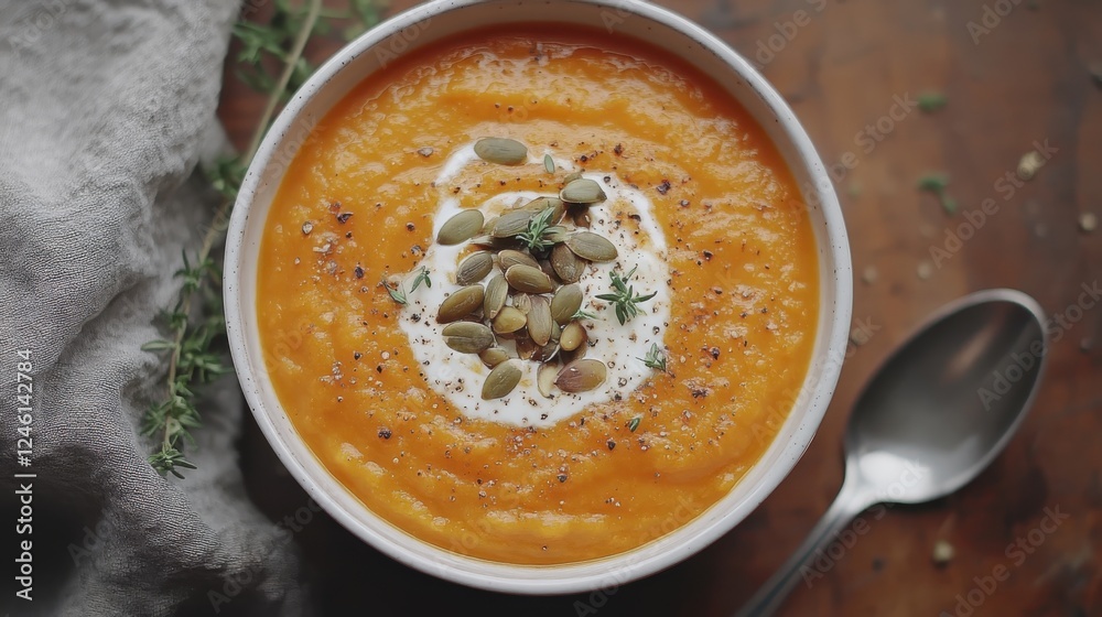 Top view of a delicious autumn pumpkin cream soup with pumpkin seeds and sour cream Top view of a delicious autumn pumpkin cream soup with pumpkin seeds and sour cream