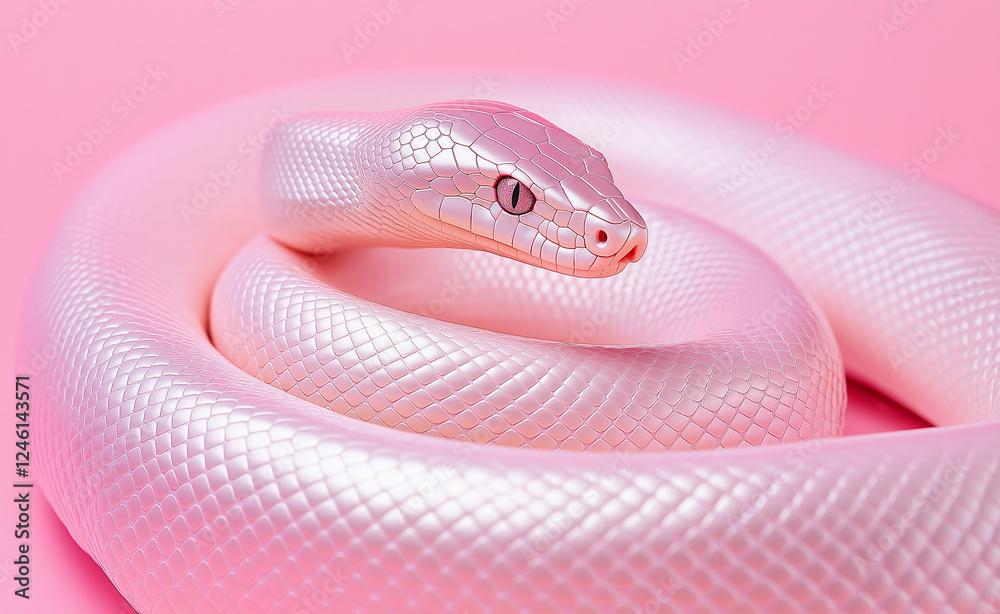 Fototapeta premium A coiled iridescent pink snake with smooth, shiny scales, resting against a pastel pink background. 