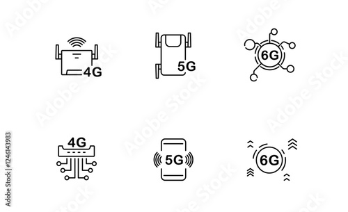 Set of Internet Technology icon, Internet Router, Fiber, 3G 4G 5G Network Symbol Outline icon, Editable Stroke