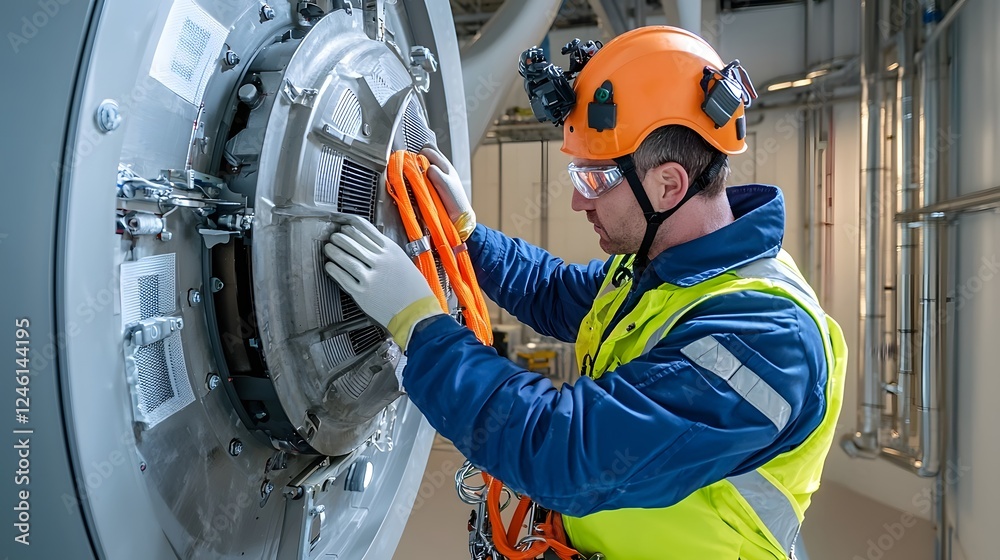 Fototapeta premium Engineer Performing Routine Maintenance and Inspection Inside a Wind Turbine Fully Equipped with Personal Protective Equipment Harness and Safety Gear Illuminated by Soft Golden Sunset Lighting