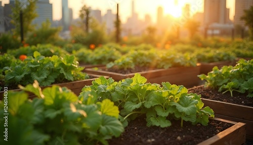 A lush rooftop urban farm with vibrant organic vegetables in raised garden beds, set against a city skyline and soft morning sunlight. photo