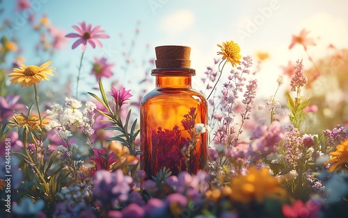 A dynamic explosion of herbs and flowers from an apothecary bottle, representing natural wellness, healing plants, wellness and vitality, lush and colorful, 8K resolution photo