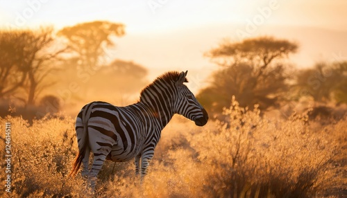 Zebra in Profile, Majestic Figure Basking in Early Morning Light with Stripes Casting Dramatic Shadows Amidst Savannah Grasses, Perfect for Digital Art, Home Decor, or Design Inspiration.