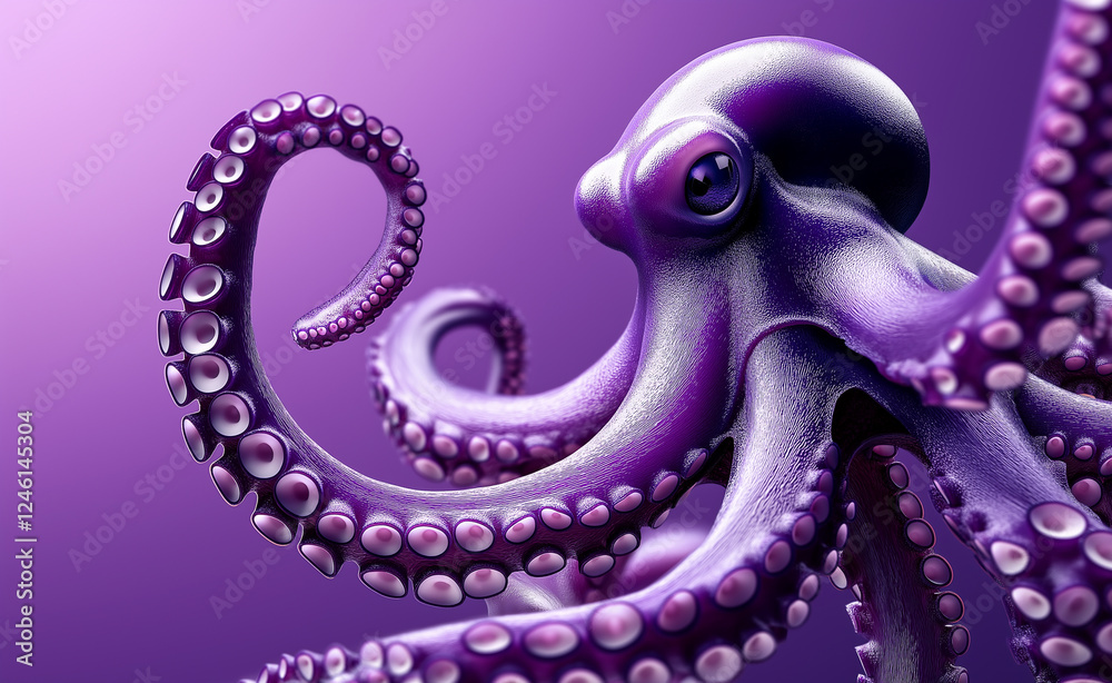 Obraz premium A purple octopus with its tentacles curled in a surreal, dreamy setting against a soft violet background.
