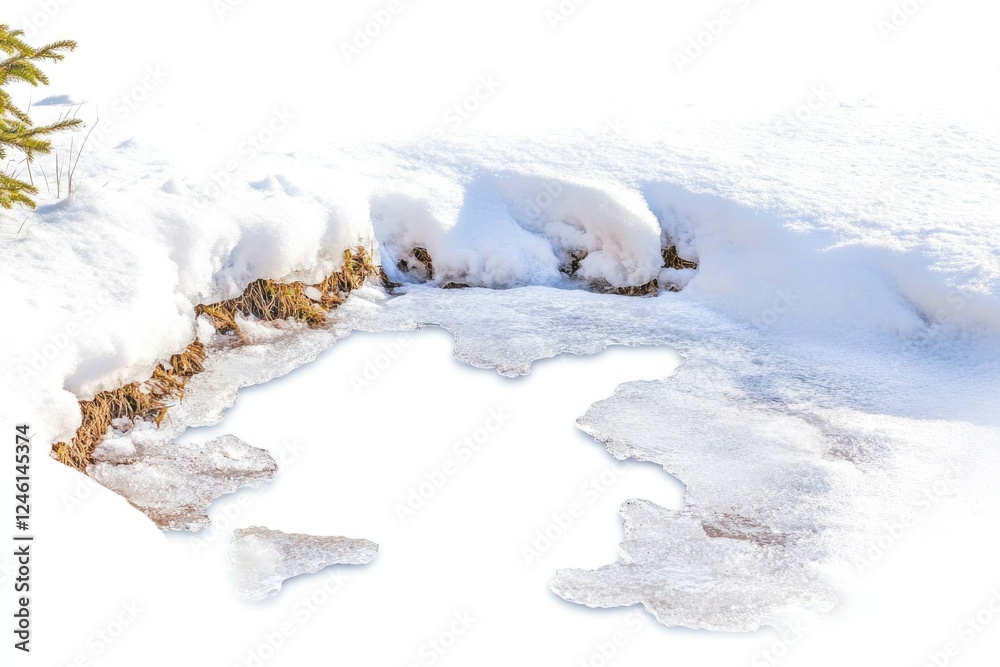 A patch of melting snow revealing the earth beneath, capturing the seasonal change from winter to spring. A natural representation of thawing and transformation with copy space.. A patch of melting snow revealing the earth beneath, capturing the seasonal change from winter to spring. A natural representation of thawing and transformation with copy space..