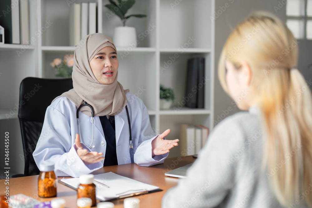 Engaged Muslim female doctor explaining treatment options to a patient in her modern office, highlighting healthcare communication. Engaged Muslim female doctor explaining treatment options to a patient in her modern office, highlighting healthcare communication.