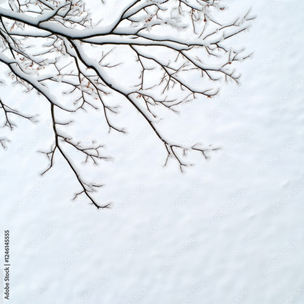 A minimalist composition of bare tree branches extending over a smooth snow-covered surface. The image conveys a serene, winter atmosphere and the anticipation of seasonal change with copy space.. A minimalist composition of bare tree branches extending over a smooth snow-covered surface. The image conveys a serene, winter atmosphere and the anticipation of seasonal change with copy space..