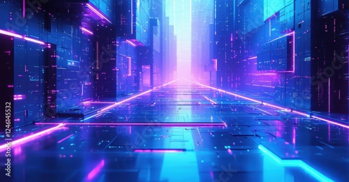 Futuristic cyberpunk scene with glowing cyan and ultraviolet hues, casting digital reflections on the ground. Neon lights create an electric, tech-driven atmosphere in a geometric space photo