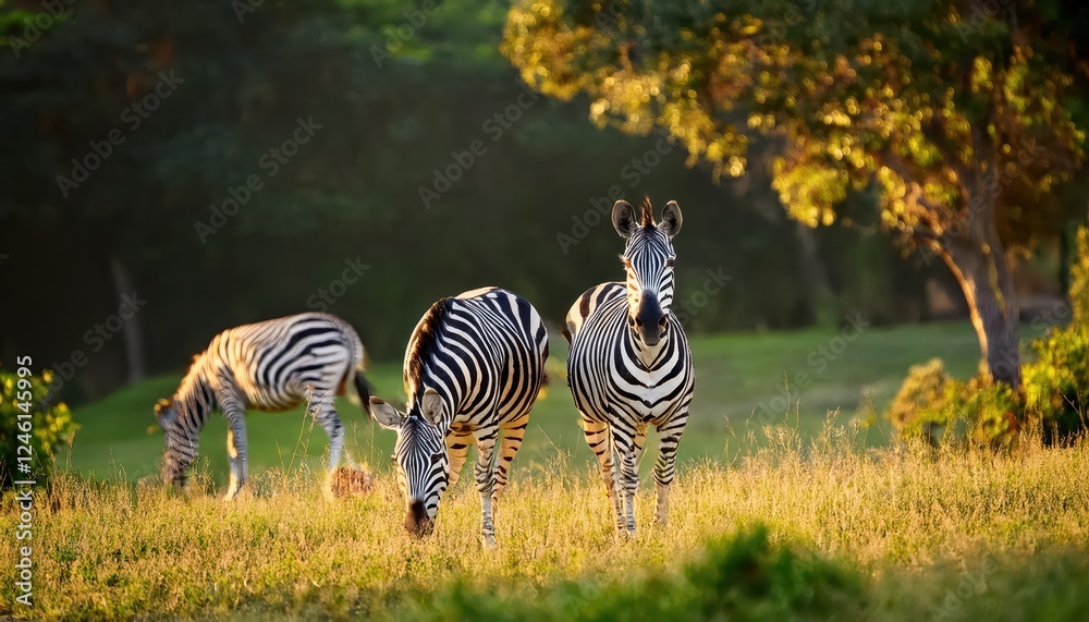 Fototapeta premium Zebra Roaming a Vast Meadow in a Wildlife Park at Dusk, Majestic Creatures and Lush Landscapes Blend Harmoniously Under a Warm Orange Sky, Capturing the Essence of Africas Natural Beauty.