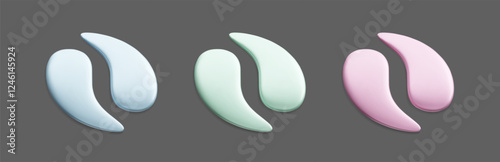 Set of hydrogel eye patches 3D vector illustration isolated on dark background. Pink, blue and green collagen gel hydrating eye patches beauty Korean skincare treatment cosmetic product.