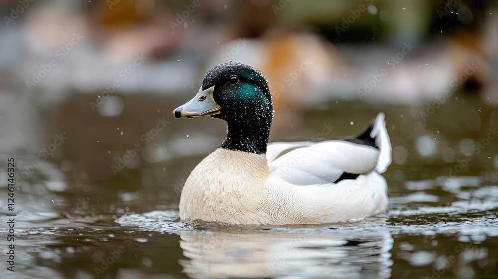Male duck swimming in pond, autumn leaves background. Wildlife nature photography for websites Male duck swimming in pond, autumn leaves background. Wildlife nature photography for websites