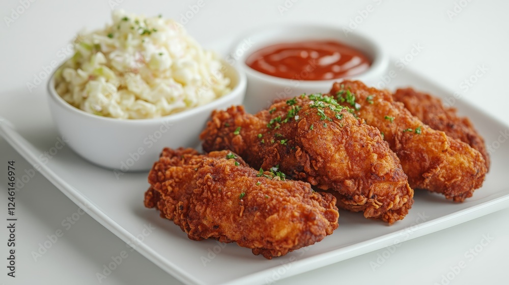 A plate of crispy fried chicken wings served with coleslaw and dipping sauce. A plate of crispy fried chicken wings served with coleslaw and dipping sauce.