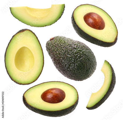 Ripe avocado, Avocado cut in half and piece isolated, transparent PNG, PNG format, cut out