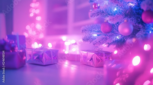 Gifts under a softly lit Christmas tree, bathed in purple and pink hues. A magical holiday scene. photo