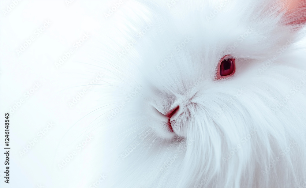 A fluffy white rabbit with red eyes against a soft white background, exuding a sense of purity and elegance.