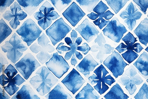 Blue floral watercolor tile pattern background