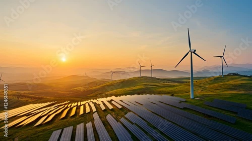 Stunning Aerial View of Renewable Energy: Solar Panels and Wind Turbines at Sunrise Over Green Hills, Breathtaking Nature Landscape, 4K