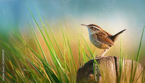 Zeggewinterkoning Grass Wren in Wintery Meadow Cistothorus platensis Amidst Frosty Grasses and GrayBrown Tones, Capturing a Serene and Mystical Atmosphere in the Early Morning Hours. photo