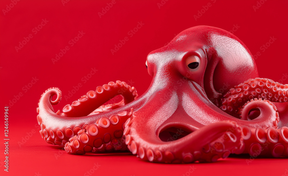 Fototapeta premium A bold red octopus with glossy, detailed tentacles resting against a deep red background.